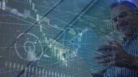 Businessman Analyzing Digital Data on Tablet Futuristic Overlay