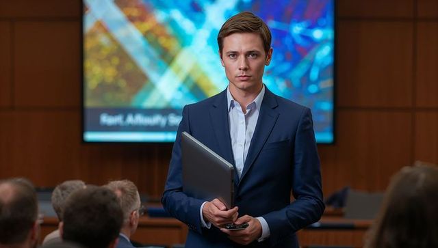 Delivering confident corporate presentation holding laptop and remote in boardroom