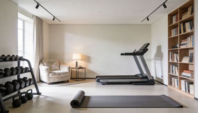 Minimalist home gym featuring treadmill, dumbbell rack and cozy armchair