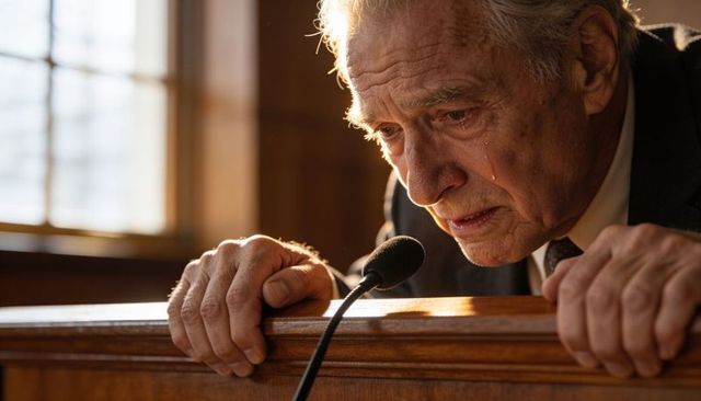 Elderly witness testifying in courtroom, tearful close-up, hands gripping sunlit rail