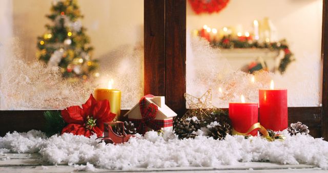 Cozy Christmas Window with Candles and Snow Decorations - Download Free Stock Images Pikwizard.com