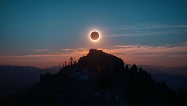 Total Solar Eclipse Halo Hovering Over Rocky Ridge at Twilight with Silhouetted Pines