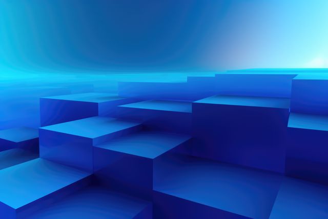 Abstract blue gradient 3D geometric cubes provide a modern and futuristic visual. This can be used for digital backgrounds, presentations, technology designs, or creative art projects.