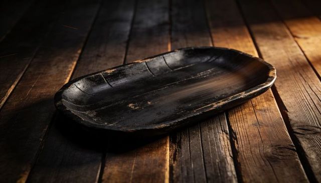 Worn black wooden platter on rustic plank table with warm side light