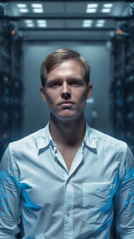 Man standing in server room with glowing sleeves and pulsing lights, futuristic tech video