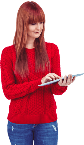 transparent background of woman in red sweater with tablet - Download Free Stock Videos Pikwizard.com