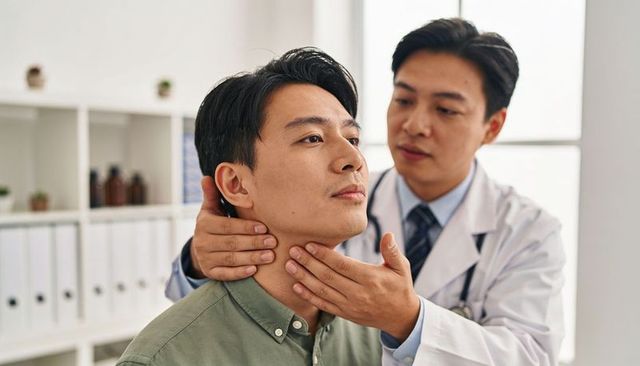 Doctor examining patient neck and jawline during clinical checkup in modern clinic