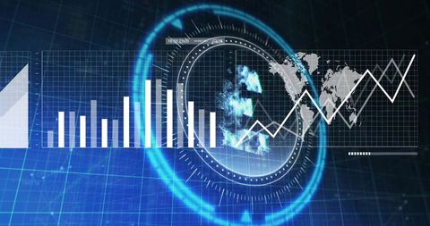 Futuristic financial data dashboard showing holographic reticle, global trend charts