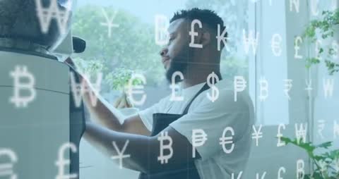 Barista Making Espresso as Digital Currency Symbols Drift Across Coffee Shop Window