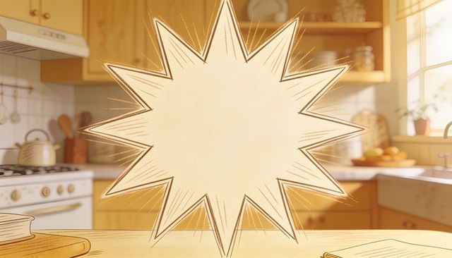 Hand-drawn comic starburst overlay framing blank space on sunlit cozy kitchen countertop