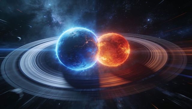 Colliding blue and orange planets emitting glowing halos, ring system crossing cosmic streaks