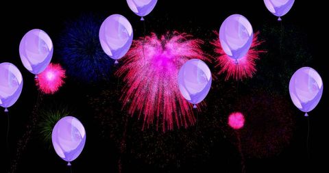 Lilac Balloons with Vibrant Fireworks in Night Sky Celebration - Download Free Stock Images Pikwizard.com