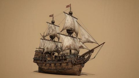 Vintage three-masted pirate ship with red pennants depicts maritime heritage