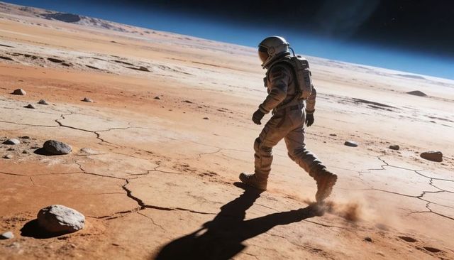 Astronaut walking across cracked red Mars plain raising dust under blue-black horizon