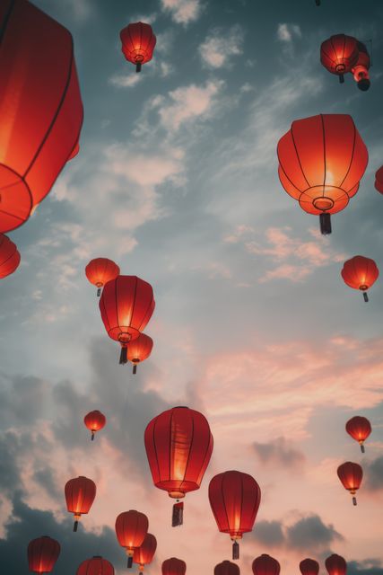 Numerous red lanterns are floating in the evening sky with a backdrop of colorful twilight clouds. This image captures a serene and celebratory moment, likely associated with a cultural or festival event such as Lunar New Year, Mid-Autumn Festival, or other traditional commemorations. Ideal for use in advertisements, promotional materials related to festivals, cultural events, and travel campaigns highlighting unique cultural experiences.