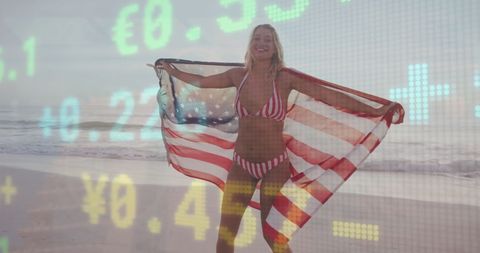 Celebrating Success: Woman on Beach with American Flag and Stock Market Overlay