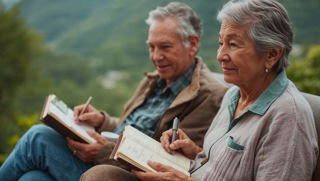 Senior couple journaling on hillside bench overlooking green valley