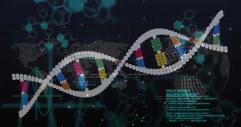 Futuristic DNA Helix Over Digital Interface