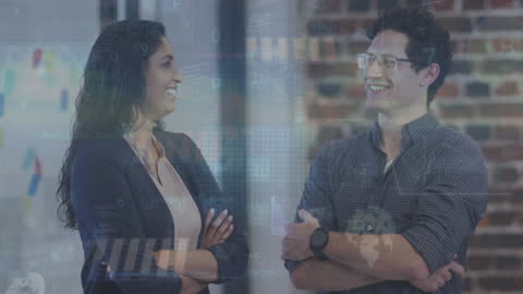 Business Professionals Discussing Over Digital Interface Elements