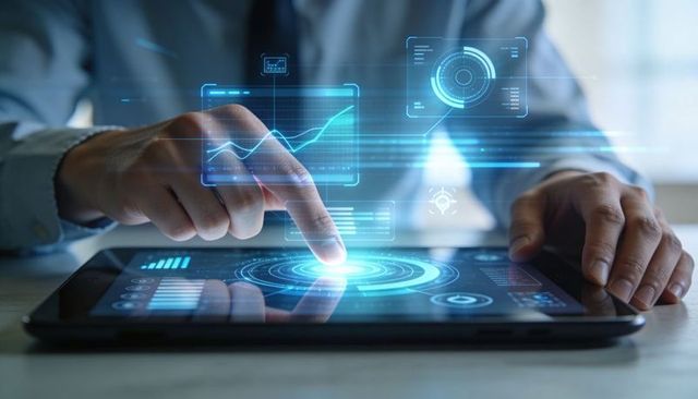 Businessperson Interacting with Holographic Tablet Interface for Data Analytics and AI