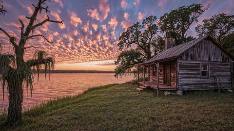 Serene Wooden Cabin by Tranquil Lake Sunset With Abstract Tree