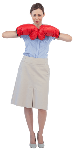 Confident Businesswoman Wearing Red Boxing Gloves on Transparent Background