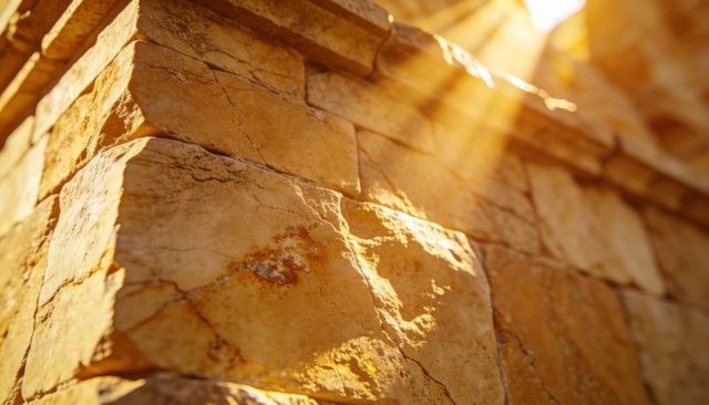 Sunlit weathered sandstone wall corner showing textured masonry, cracks and golden patina