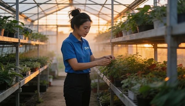 Asian horticulturist tending seedlings on metal racks in greenhouse during golden hour
