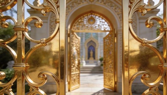 Sunlit ornate golden gate opening to mosaic archway and paved courtyard portal