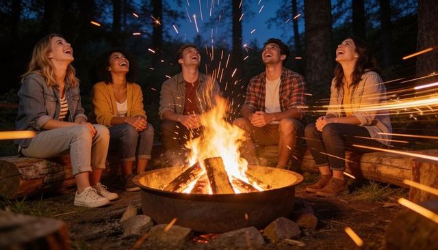 Group of friends laughing around campfire at night in forest, warm outdoor gathering
