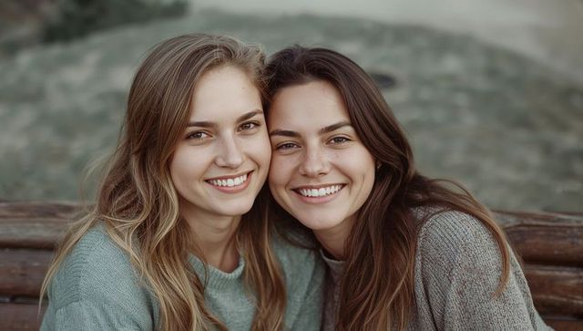Smiling friends leaning heads together on wooden bench outdoors wearing knit sweaters