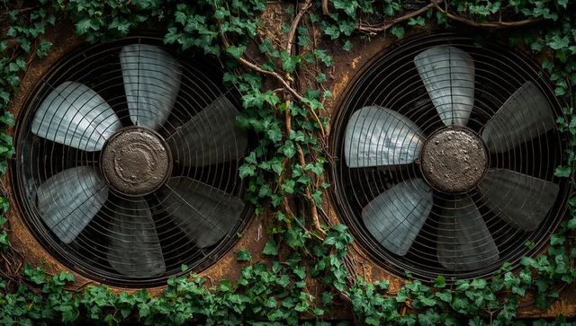 Spinning industrial ventilation fans entwined with ivy on weathered rusted facade