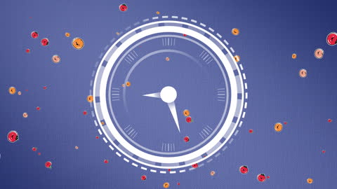 Animated Clock with Streaming Fruit Icons on Blue