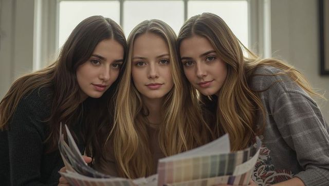Three women comparing color swatches near window holding interior design palette