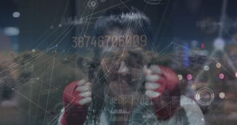 Boxer with Digital Network and Cityscape Overlay