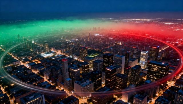 Hovering neon ring casting green and red light over night urban skyline, futuristic cityscape