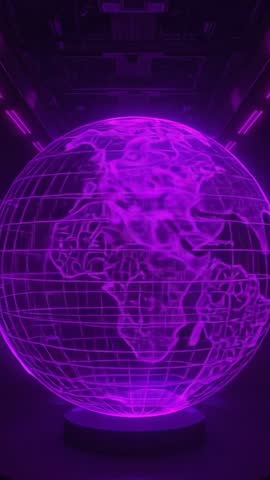 Rotating Neon Holographic Globe Displaying World Map in Futuristic Tech Chamber