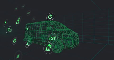 Futuristic electric van with eco icons and digital design