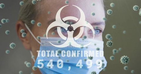 Masked woman facing outbreak graphic with biohazard symbol and confirmed cases overlay