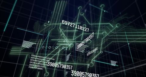 Futuristic Holographic Network with Glowing Nodes, Numeric Data and Wireframe Grid