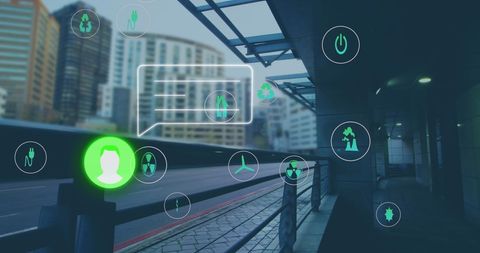 Digital Interface Overlaying Urban Cityscape Representing Data Flow