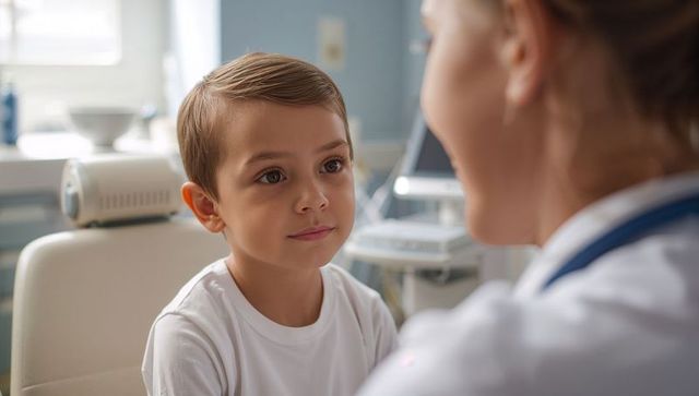 Young boy during pediatric checkup making eye contact with clinician in bright clinic