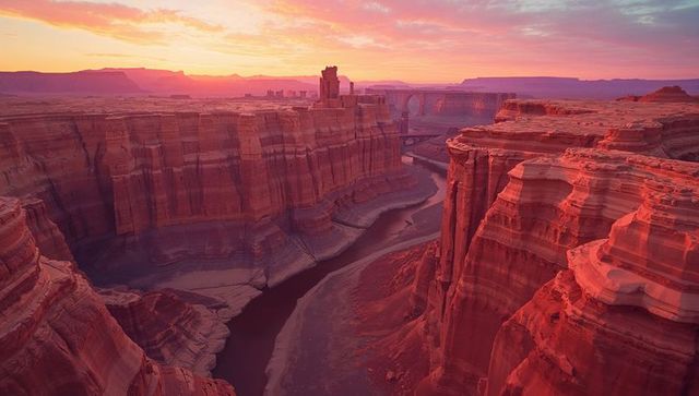 Stunning aerial canyon at sunset with river and sandstone cliffs