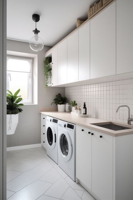 Contemporary laundry room featuring white cabinets with plants adding a touch of greenery. Room includes sleek washing machines, sink, and functional storage solutions. Great for articles and websites focusing on home organization, interior design, and modern living spaces.