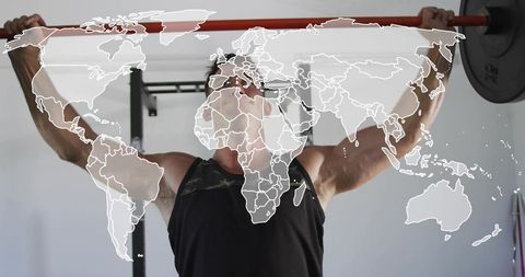 Male athlete lifting barbell with world map overlay symbolizing global strength training and discipl