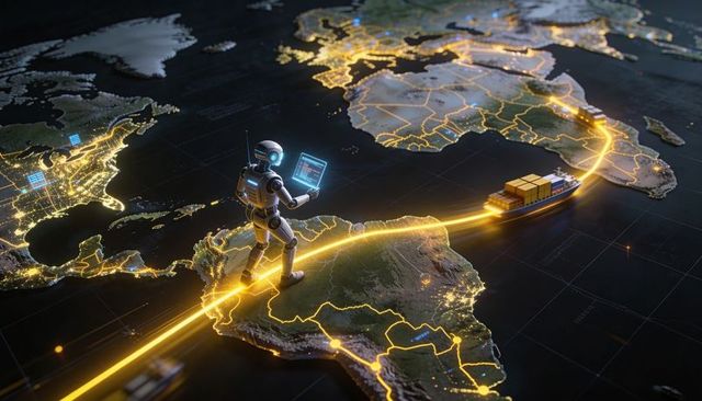 Autonomous robot managing holographic maritime trade routes across south america to africa