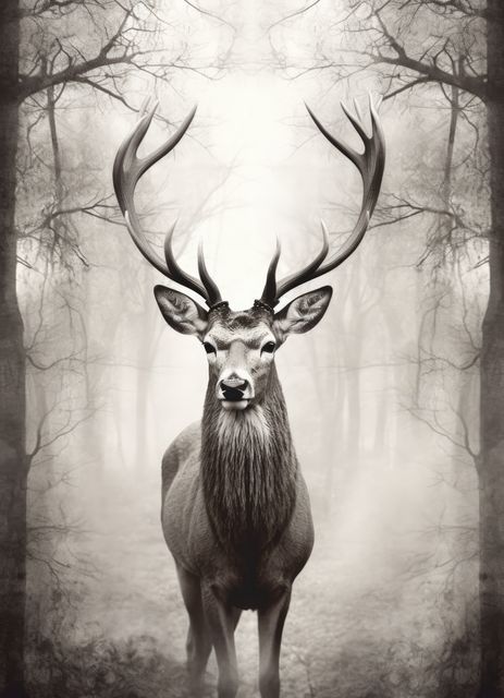 Majestic deer standing in foggy forest with large antlers. Perfect for themes of tranquility, nature, and wildlife, and can be used in articles about wildlife, decorating living spaces, and mystical themes.