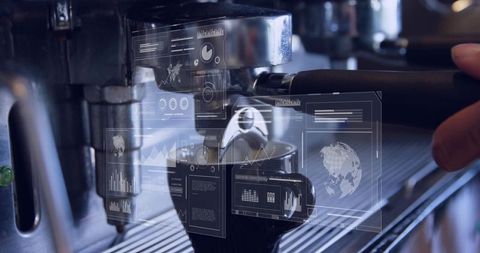 Barista placing portafilter under espresso group head with holographic analytics dashboard