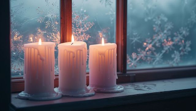 Cozy Scene with Flickering Candles on Frosty Windowsill