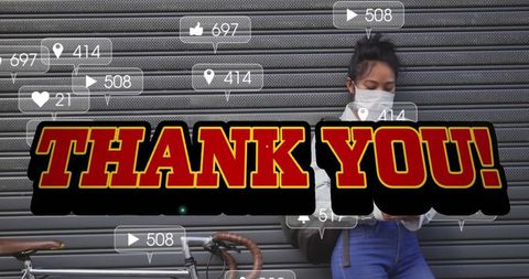 Woman using smartphone showing gratitude with thank you text overlay
